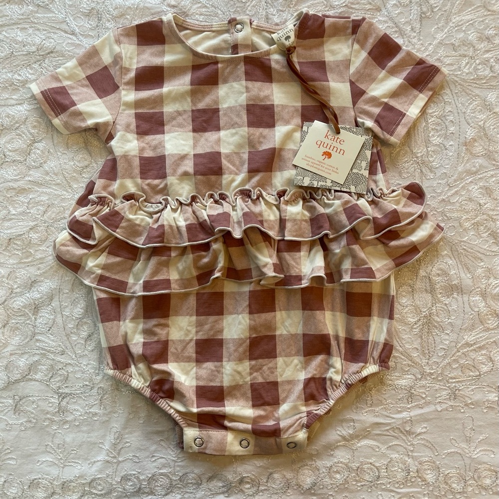 NWT Kate Quinn Pink and Cream Plaid Short Sleeve Bubble Double Ruffle Romper